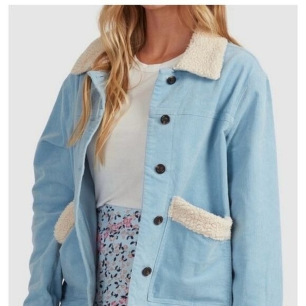 Roxy Light Blue Corduroy Sherpa Collar Trucker Jacket Womens Large L Organic